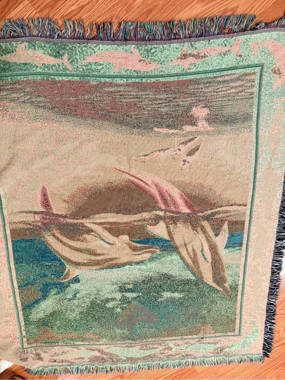 Vintage tapestry Dolphin Coastal Throw Blanket - Teal & Blue 54x48
